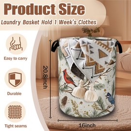 Blue Bird Cardinal Pine Laundry Baskets,Laundry Hamper,Storage Basket with Handles for Bathroom Bedroom College Dormitory Living Room Nursery Organizer 16"x20.8"