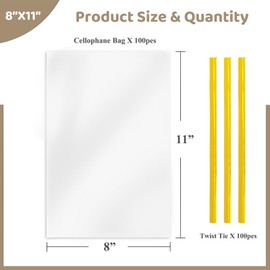 WIKDAY Cellophane Bags 100 PCS 8x11 Inches Clear Gift Gags with Ties Plastic Treat Party Favor Candy Bags for Gift Giving, Packaging Snack, Products