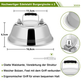 Joyfair Burger Bell, Pack of 2 Stainless Steel Burger Bell with Anti-scald Handle, Melting Bell with Screwdriver for Grill, Steak, Cheese, Teppanyaki, Outdoor & Indoor, Dishwasher Safe - 16.8 x 6 cm