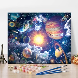 Planets in Space Paint by Numbers for Adults, Earth and Stars Space DIY Paint by Number Kits Starry Sky Oil Painting by Numbers for Beginners, Acrylic Paint Crafts for Home Decor 16x20Inch Frameless