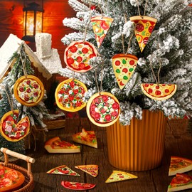 Vercraft 24 Pcs Wooden Pizza Christmas Tree Hanging Ornaments - Xmas Food Ornaments with Hanging Ropes for Pizza Lover Christmas Party Decoration