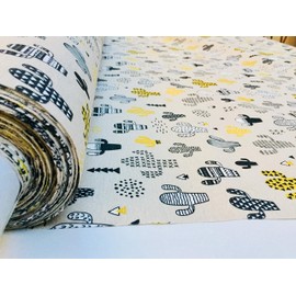 Mustard & Black Cactus Fabric Cacti Print - Cotton Material Canvas for Kids, Upholstery, Curtains, Dress Making (Sample (10CM X 10CM))