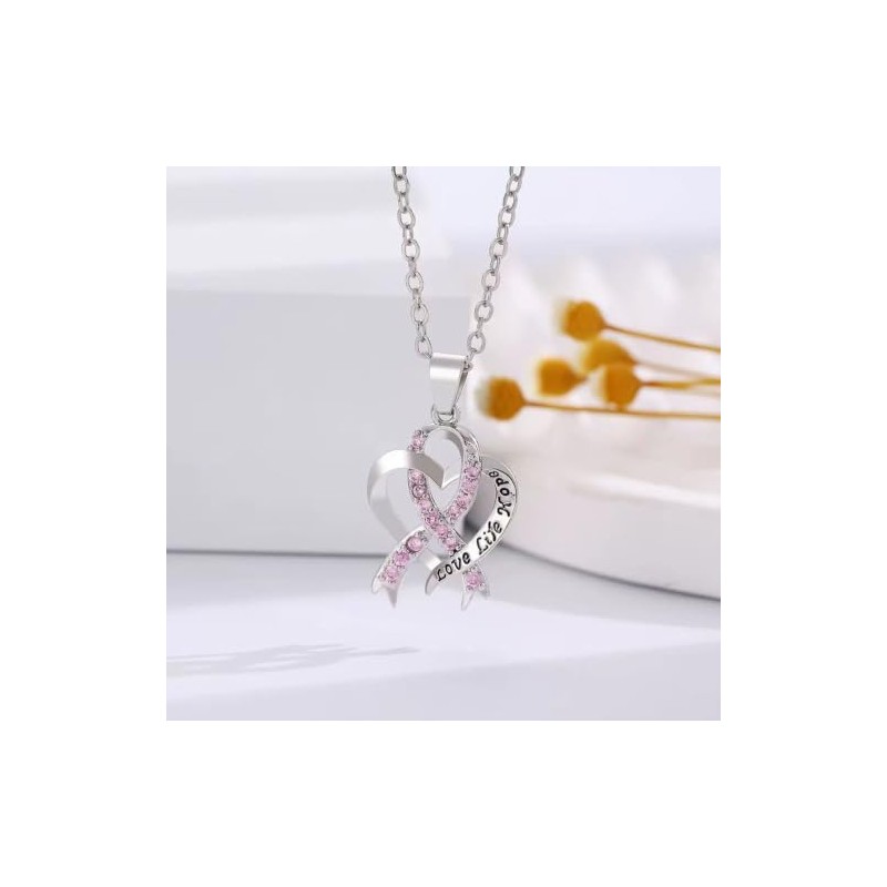 Juego de joyas de corazón con cinta de conciencia rosa