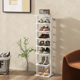 BETTARY 8 Tier Vertical Shoe Rack, Narrow Wooden Corner Shoe Organizer for Small Spaces, Removable Shelves, Anti-toppling Device, Shoe Tower for Entryway, Closet, Bedroom (White, Single Row)