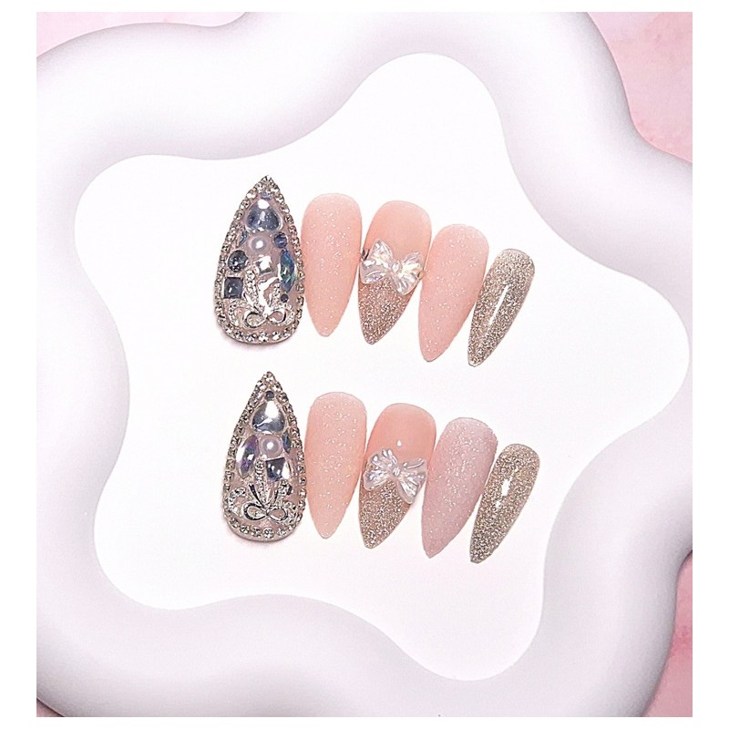 [In-store special discount]Pink puffy full stone handmade nail tips -