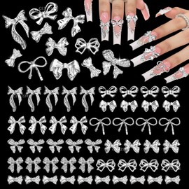 100 Pcs Silver Bow Nail Charms Y2K, 10 Styles Alloy Nail Bows Charms for Nail Art, Shiny Metal Bowknot Nail Art Jewels, Cute Bows Nail Art Charms for Nails Art Design DIY Accessories