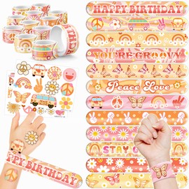 Cherisnowy 48 PCS Groovy Party Favors 24PCS Tattoos Stickers 24PCS Slap Bracelets Wristbands Perfect for Themed Birthday Baby Showers or Classroom Rewards Ideal Decor and Gifts for Girls and Boys