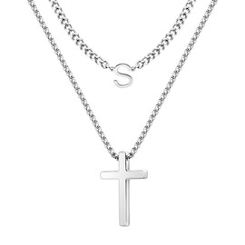 Initial Cross Pendant Chain Necklace for Men Letter S Jewelry Birthday Gift for Men