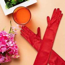 Elbow Satin Gloves, Stretchy 1920s Opera Gloves for Women Red Long Gloves Evening Party Dance Gloves,Velvet Gloves Fancy Dress Gloves Wedding Prom Party Costume Accessories, 53 cm