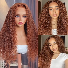 LONGQI Ginger Brown Wig 13x4 Lace Front Wigs Human Hair Curly Wig for Women Human Hair Brazilian Remy Hair Auburn Brown Color Jerry Curly Human Hair Wig 180% Density Pre Plucked with Baby Hair 28 Inch