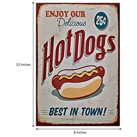 UNiQ Designs Metal Tin Signs - Hot Dogs Best In Town Food Sign - Hot Dog Decorations Metal Food Signs Hotdog Sign - Vintage Poster Food Tin Food Signs - Hot Dog Tin Signs Vintage Funny - Pub Sign 12x8