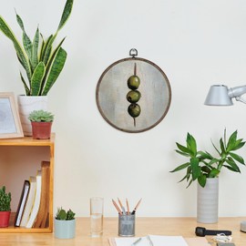 GWFSJYU Martini Olive Framed Wall Art Decor, Olives Kitchen Decor, Retro Green Olives Round Canvas Prints Wall Art, Vinatge Cocktail Hanging Decor for Kitchen Bar Cart, 10”x10”inch