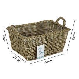 Small grey shelf baskets in natural wicker. Bedroom makeup, toiletries, jewellery and trinkets. Kitchen storage, vegetables, bread. (37cm, Grey)