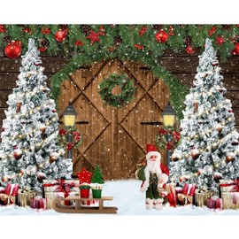 Caaerttply Christmas Backdrop 10x8ft Wood Barn Winter Christmas Photo Backdrop for Photography Wooden Door Christmas Tree Gifts Snowy Background Kids Adults Family Christmas Eve Party Decoration Props