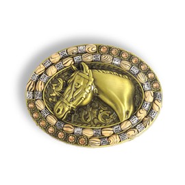 Rockyu Men's Western Belt Buckle, Cowboy Hat, Boots, Cowhead, Oval Buckle, Woodgrain Beads Decorated, Alloy, Vintage Style, 4.9 x 2.9 inches (10 x 7.4 cm), Gift, gold