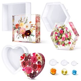 3 Pcs Large Silicone Molds for Resin Glossy Deep Square Molds Hexagon Silicone Molds Heart Bookends Resin Mold with 3 Pcs Round Epoxy Resin Molds for Flowers Preservation DIY Art Making Home Decor
