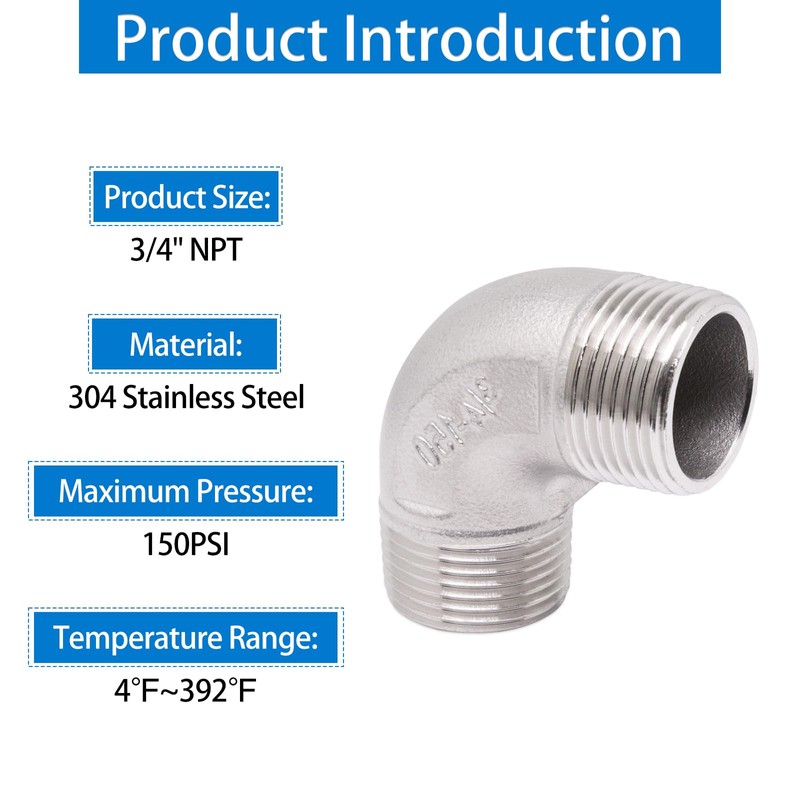 ZHMEINA 3/4" NPT Male x Male Threaded Elbow, 2Pcs 304