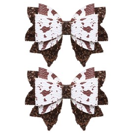 2 Pcs 3.5" Glitter Cow Print Hair Bows, Sparkly Brown Moo Cow Alligator Clips Hairpins for Western Cowgirl, Toddlers, Teens, Women, Kids Birthday Party Decor Accessory Gift