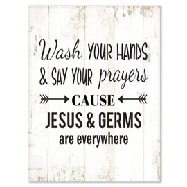 Aihesui Vintage Wood Sign Wash Your Hands & Say Prayers Cause Jesus Germ are Everywhere Kitchen Home Farmhouse Living Diningroom Wall Decor Funny Shabby Wooden Pallet, White, Vqdsw4b4zwzye-7, 12x16in