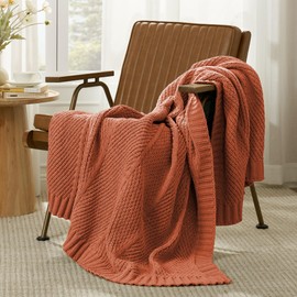 Amélie Home Fall Throw Blanket, Burnt Orange Throw Blanket for Couch, Chenille Knit Blanket with Chevron Texture, Non-Shedding Decorative Soft Throw Blanket for Sofa Chair Bed, 50x 60