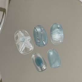 [Handmade Nail Tips] Blue Star Nail Tips - Short Oval / [수제네일팁] 푸른별 네일팁 - 숏오발
