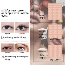 Eyelid Tape About Slip-On Eyelids Stripes Invisible Eyelid Patches 384 Sheets Transparent Waterproof Double Eyelid Patches Lifting Eyelids (L Code)