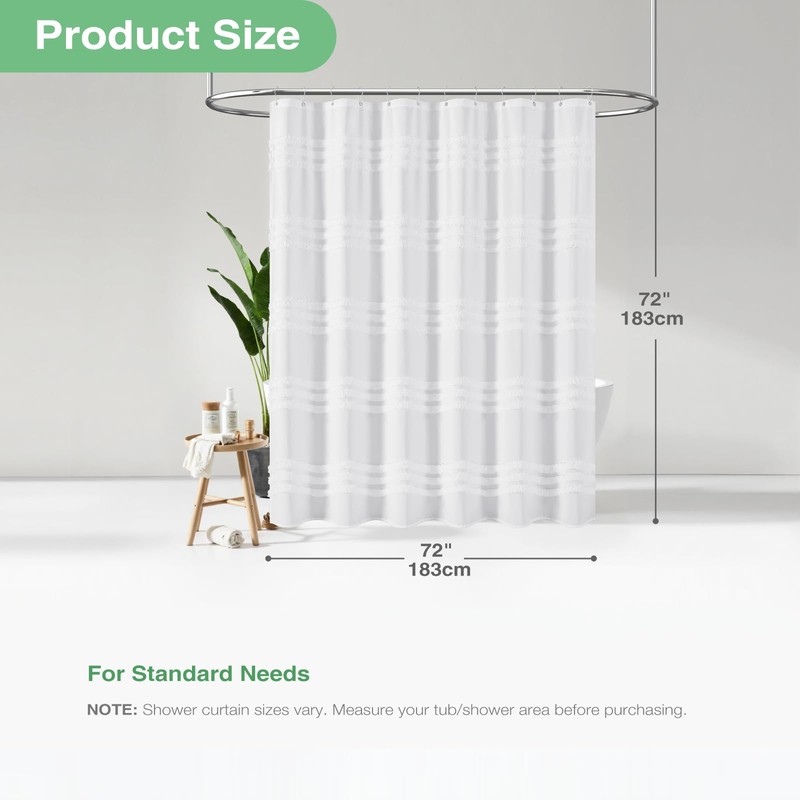 Dynamene White Fabric Shower Curtain, Tufted Chenille Striped Textured Cloth