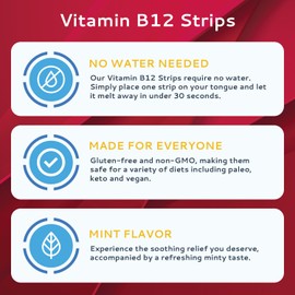 Calmour Vitamin B12 Strips 100 Pack | Easy Oral Dissolvable Mint Flavored Strips | 1500 mcg Strips | Vit B12 Dissolve under Tongue | Methylcobalamin B-12 Vitamin Formula | Vegan Friendly & Gluten Free
