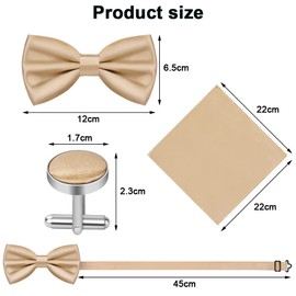 URAQT Men's Bow Tie, 3-Piece Classic Plain Bow Ties with Pocket Square Cufflinks for Men, Tuxedo Bow Tie with Hook, Narrow Bow Tie for Wedding Party (Gold)
