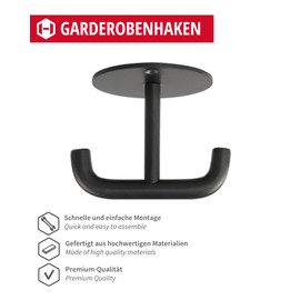 Gedotec Coat Hook Black | 1 Piece | Ceiling Hook 60 x 60 mm | Lima | Design Coat Hook Rigid | Brushed Stainless Steel | Double Base Hook Modern | Double Hooks with Mounting Material