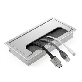 ATM Cable Feed-Through Cable for Desk, Table, Furniture, Cable Duct, Rectangular Table Feed-Through with Integrated Brush, Aluminium Flap, Silver, 80 x 160 mm