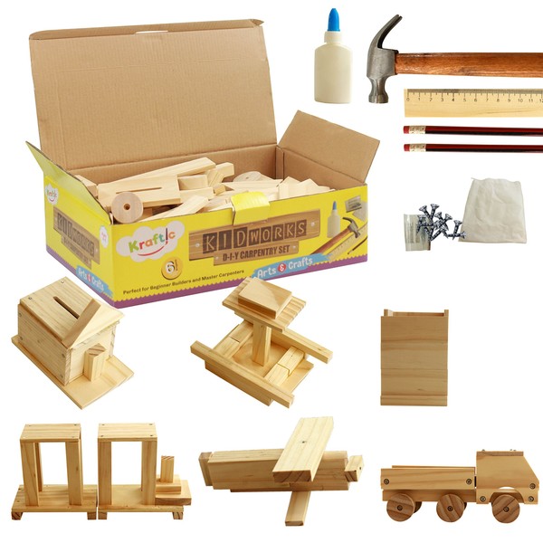 Kraftic Woodworking Building Kit for Kids and Adults, with 6 Educational Arts and Crafts DIY Carpentry Construction Wood Model Kit Toy Projects for Boys and Girls