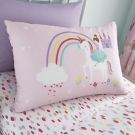 Happy Linen Company Girls Kids Unicorns Princess Rainbows Pink Standard Reversible Extra Pair Of Pillow Cases