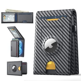 MICHIC AirTag Wallet for Men-With Magnetically Pop Up Card Holder, Leather Credit Case, Credit Money Clip RFID Blocking Bifold Minimalist Wallet (No Airtag Included)(Black)