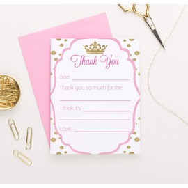 Princess Fill In Thank You Note Cards, Princess Thank you Cards Fill In the Blank Thank You Cards, Crown Thank You Cards with Envelopes Your Choice of Colors and Quantity