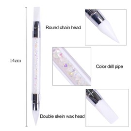 Double Tip Silicone Nail Art Pen - Reusable Chrome Powder Applicator with Crystal Beads Handle for Rhinestone Picking, Gel Carving and Home/Salon Manicure