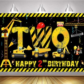 LOONELO Construction Theme Banner 2nd Birthday Party Photography Backdrop, Dump Truck Background Decorations, Yellow Black Excavator Crane Digger 2 Years Old Poster Sign
