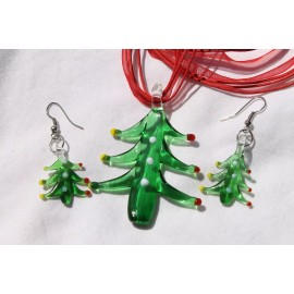 Lampwork Christams Tree Lampwork Red Lace Earring & Necklace Costume Jewelry Set
