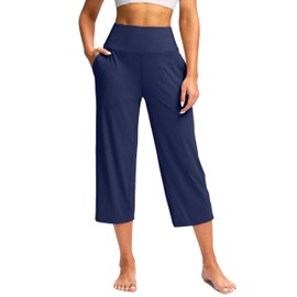 G Gradual Women's Wide Leg Capri Pants with Pockets Tummy Control High Waist Yoga Dress Crop Pants for Women(Navy,M)