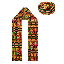 African Kente Pattern Kufi Men Hat and Kente African Print Stole Sash