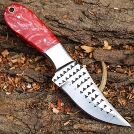 ADAM KNIVES Handmade Damascus Steel Hoof Rasp Knife, 7 Inch Fixed Blade, Turquoise Handle with Pancake Leather Sheath (Red Resin)