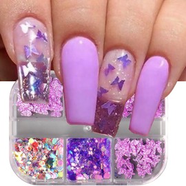 6 Grids Pink Butterfly Nail Art Glitter Sequins 3D Holographic Laser Butterflies Glitter for Acrylic Nails Sparkly Nail Flakes Manicure Paillettes Ultra Thin for Women Face Body Decoration Accessories
