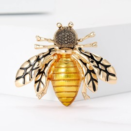 Oversized Enamel Bee Insect Brooch Pin For Women Statement Vintage Gold Black Leaf Vein Wings Textured Head Striped Body Fashion Lapel Clothes Jewelry (Bee)