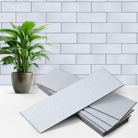 Artemuro 40PCS Peel and Stick Backsplash, 3" x 9" SPC Wall Tiles, Upgraded Structured Soft Glossy Ivory White Slate with Black Grout Backsplash Stick on Tile for Kitchen, Bathroom, Fireplace, RV