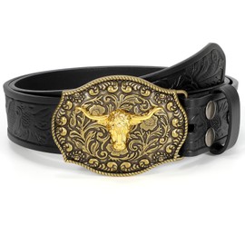 WOWOGO Western Cowboy Cowgirl Belt for Men Women Western Country Belt Buckle Floral Engraved Leather Belt
