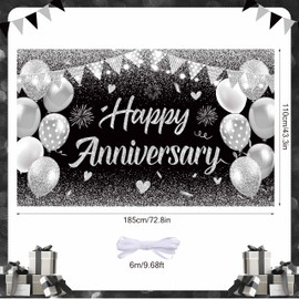 Black Silver Happy Wedding Anniversary Banner for 5 10 15 20 25 30 40 50 for Couple, Happy Anniversary Decorations, Surprise for Parents Cheers to Wedding Supplies 71x43in