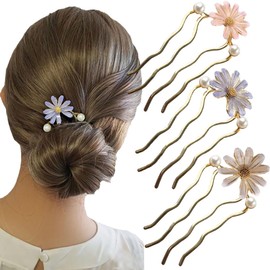 3 Pack Fashion Flower U Shaped Hair Fork Pins Elegant 4 Prong Hair Updo Hair Stick Pearls Metal Teeth Hair Side Comb Clips Decorative Hair Styling Accessories (Multi-Color)