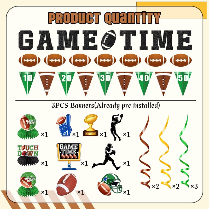 20Pcs Football Party Decorations - Banner, Hanging Swirl, Honeycomb