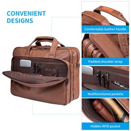 Leather Laptop Bag, Men's 15.6 Inches Messenger Briefcase Business Satchel Computer Handbag Shoulder Bag Fits 15.6 Inch Laptop, Computer, Tablet Brown