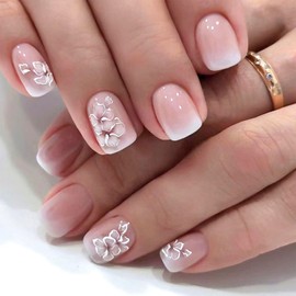 Square Press on Nails Short Fake Nails with White Flower Designs White Gradient Glue on Nails Light Pink Full Cover Nails Press ons Spring Glossy Artificial Stick on Nail for Women 24Pcs